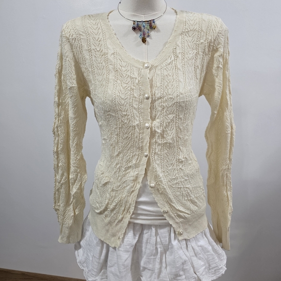 Sorridere Japanese brand cream knit cardigan with long sleeve and decorative - Picture 2 of 4